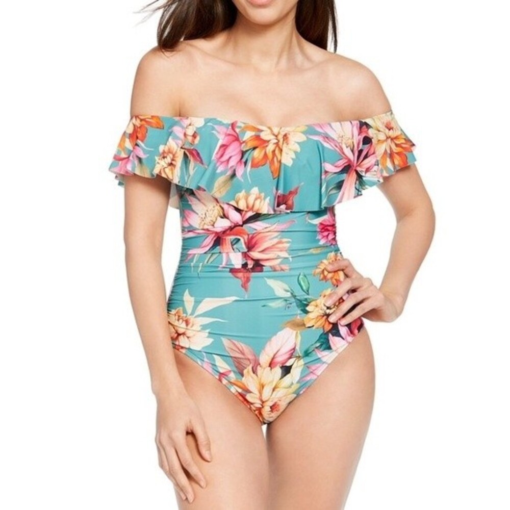 NWT La Blanca Jade Garden Floral Off Shoulder Ruffle One-Piece Swimsuit Size 8